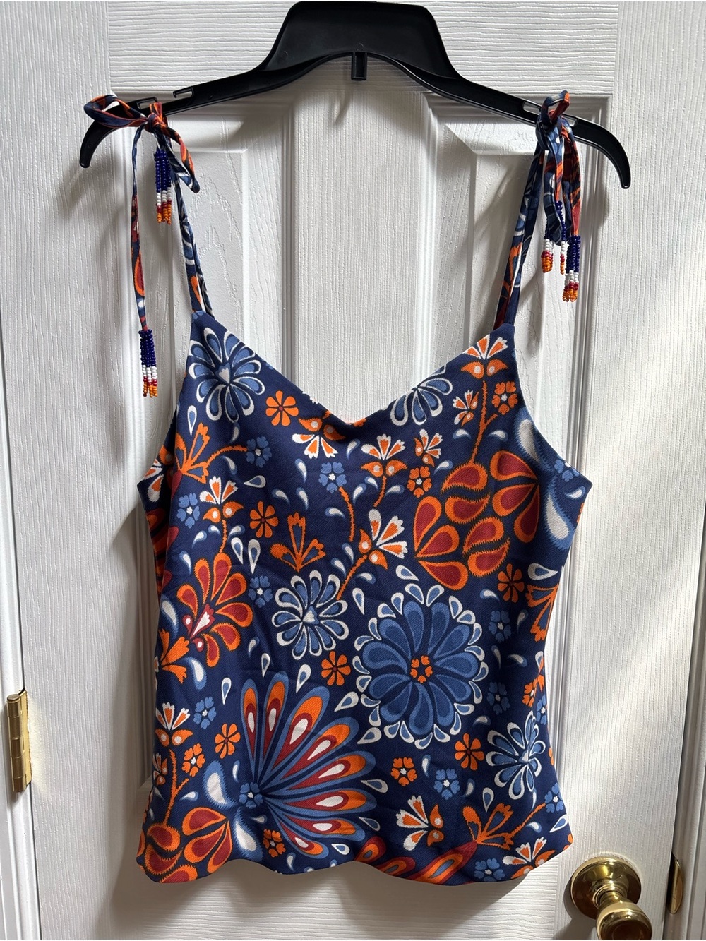 Sigrid Olsen Navy & Orange Floral Beaded Tie-Shoulder Cami Top, Size S, EUC